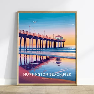 Huntington Beach Pier Sunset Travel Poster - California Surf Art