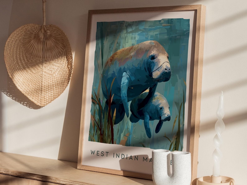 Manatee Art Print: Florida Wildlife Sea Cow Print, Modern Nature Wall Decor, Framed or Unframed image 6