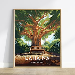 Lahaina, Maui, Hawaii - Historic Front Street Banyan Tree Framed Wall Art Poster Design Travel Artwork Island Hawaiian Memorial Gift Decor