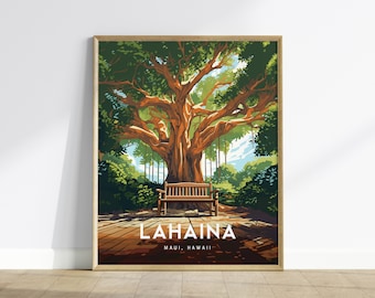 Lahaina, Maui, Hawaii - Historic Front Street Banyan Tree Framed Wall Art Poster Design Travel Artwork Island Hawaiian Memorial Gift Decor