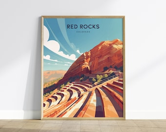 Red Rocks amfitheater Colorado poster, concertzaal kunst aan de muur, ingelijste/ingelijste Red Rocks print, decor muziekliefhebber, Colorado landmark cadeau