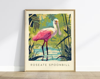 Roseate Spoonbill, Florida Birds Wildlife Framed Wall Art - Flamingo Tropical Bird Poster Design Travel Print Home Beach Cottage Decor Set