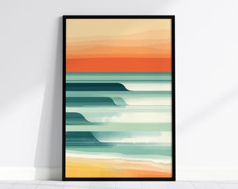 May include: Abstract art print in a black frame. The artwork features horizontal bands of color, including orange, teal, and beige, evoking a beach scene. The design includes stylized wave shapes and a sandy shore.