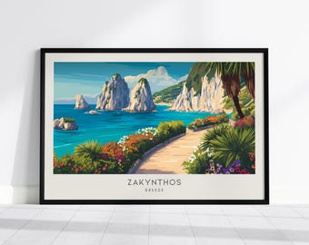 Zakynthos Greece Landscape Matte Border Poster, Travel Wall Art Print, Mediterranean Coastal Art