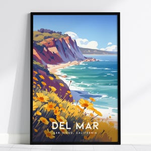 Del Mar California Framed Poster, San Diego Wall Art, SoCal Travel Print, Torrey Pines La Jolla Beach House Modern Scenic Nature Decor Gift