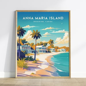 Arte de pared enmarcado de la isla Anna Maria / Diseño de póster de la playa de Bradenton / Impresión sin marco del océano de Florida / Decoración de casa de alquiler vacacional costero