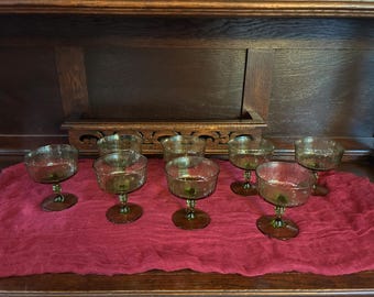 Vintage Mid-Century Stemware, Green Sherbert/Cocktail/Coupe Glasses, Set of 8