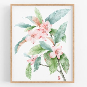 Cherry Blossom Flower Watercolor Art Print: Oriental Floral Wall Decor