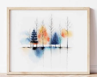 Abstract Landscape Wall Art Print, Watercolor Autumn Tree Line
