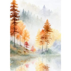 May include: A watercolour painting depicting a misty autumn forest landscape with tall pine trees in shades of orange, yellow, and red. The trees are reflected in a calm body of water at the bottom, with soft, hazy layers of fog obscuring the distant background.