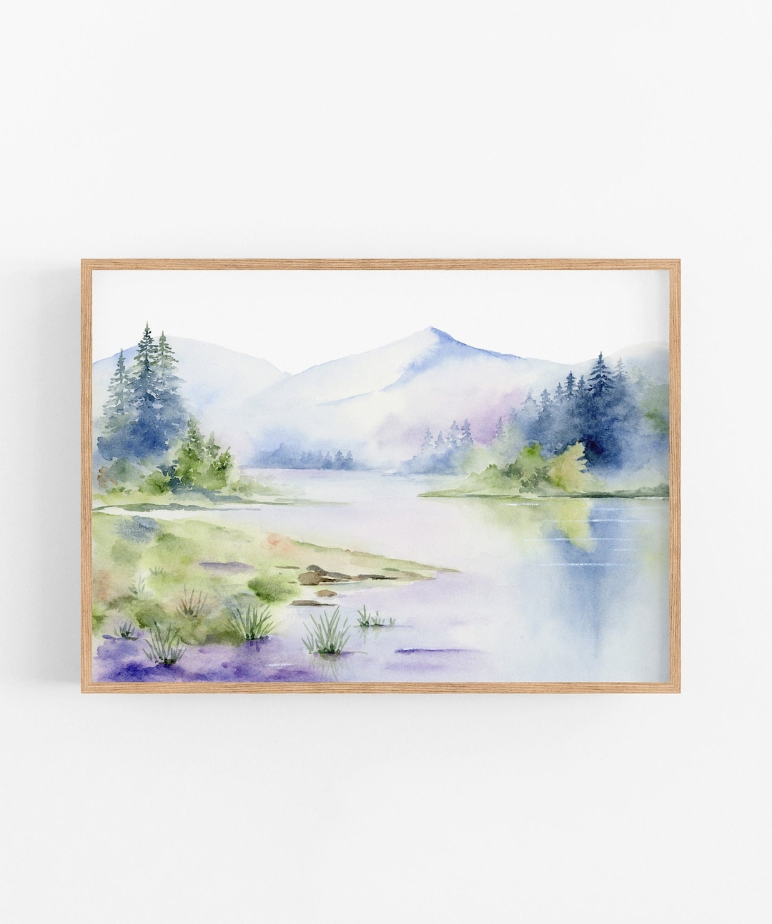 Misty Mountain Lake & Pine Tree Forest Watercolor Print, Landscape ...