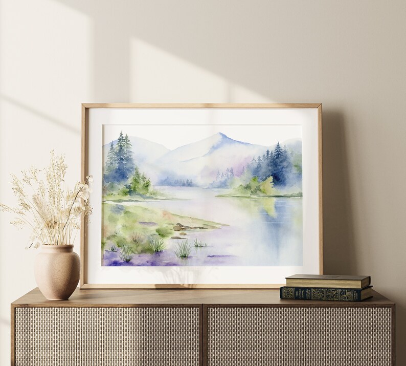 Misty Mountain Lake & Pine Tree Forest Watercolor Print, Landscape