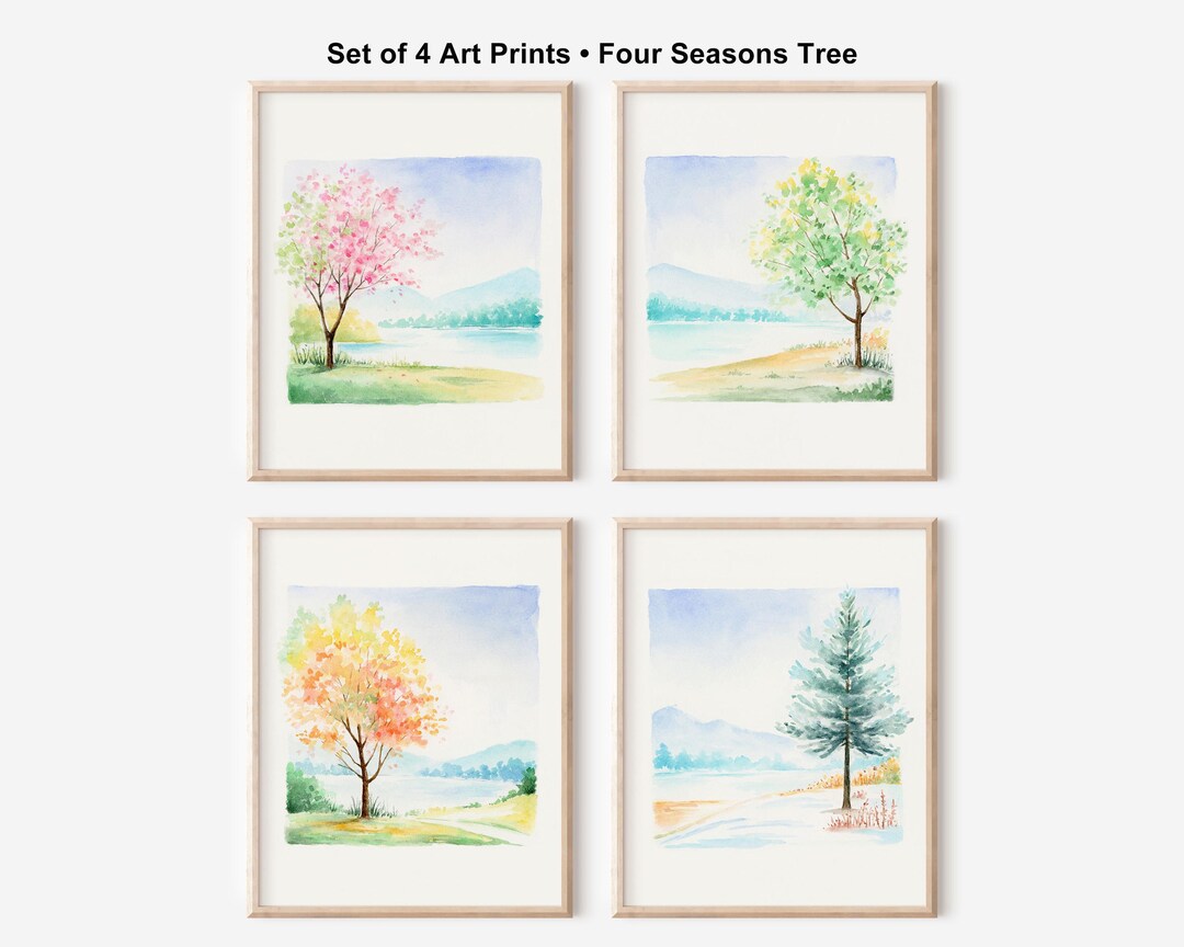 Four Seasons Tree Wall Art Set of 4, Watercolor Landscape Prints for ...