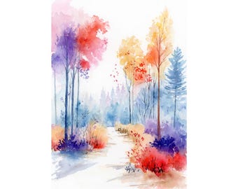 Autumn Forest Watercolor Painting: Colorful Woodland Landscape Art Print