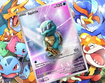 May include: A blue and yellow Pokemon trading card featuring Squirtle playing a saxophone. The card has a purple and white background with the text "BASIC Squirtle HP120 Saxophone 100 Search your deck for a Squirtle and put it onto your Bench Then, shuffle your deck."