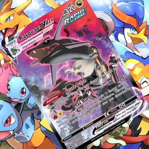 May include: A Pokemon trading card featuring Rayquaza VMAX, a large, green, dragon-like Pokemon with red eyes. The card is part of the Rapid Strike set and has an ability called Azure Pulse. The card also has a Max Burst attack that does 20+ damage.