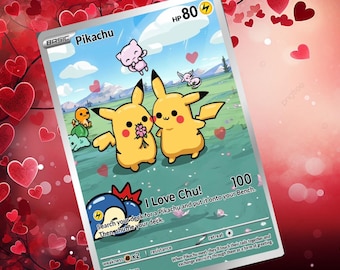 Puede incluir: Una carta de comercio de Pokemon con Pikachu y el texto "I Love Chu!" y "Search your deck for a Pikachu and put it onto your Bench. Then shuffle your deck."