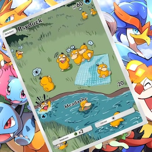 May include: A Pokémon trading card featuring Psyduck, with a green and blue background. The card shows Psyduck in various poses, including swimming and relaxing on a picnic blanket. Other Pokémon are visible in the background.