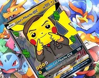 Puede incluir: Una carta de Pokémon Pikachu amarilla con una imagen de dibujos animados de un hombre con traje. La carta se titula "Saul's Pikachu GX" y "Better Call Pikachu CX". La carta tiene un fondo amarillo con un borde negro y una estrella roja en la esquina superior derecha.