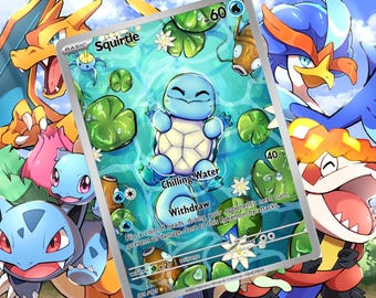 May include: A Pokémon trading card featuring Squirtle in a watery scene with lily pads. The card has the text "Chilling Water" and "Withdraw". Other Pokémon are visible in the background. The card has a silver border and is labeled "BASIC".
