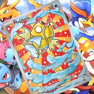 May include: A Pokémon trading card featuring Magikarp, a yellow fish character, set against a red and orange burst design. The card includes the text "Epic Splash" and other game details. Other Pokémon characters are visible in the background.
