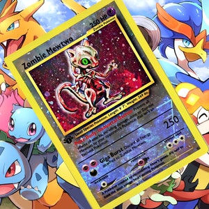 Puede incluir: Una carta de comercio de Pokemon que presenta un Mewtwo zombie con un cuerpo esquelético rojo y blanco. La carta tiene un fondo negro con un patrón de galaxia. El texto de la carta dice "Zombie Mewtwo, 250 PS, Pokemon Zombie, Pokemon de especie muerta. Longitud: 6' 7", Peso: 269 lbs. Cuerpo: Barrera Inmortal Previene todos los efectos de los ataques, incluido el daño, infligido a Zombie Mewtwo por los Pokemon de tu oponente que no son Pokemon evolucionados. Giga Explosión Descarta toda la energía unida a Zombie Mewtwo. Resistencia: 250, Coste de retirada: 3 estrellas. Un Pokemon creado al recombinar los genes de Mew. Se dice que tiene el corazón más salvaje entre los Pokemon."