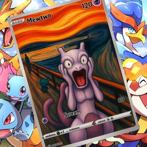 Puede incluir: Una carta coleccionable que presenta a Mewtwo en una parodia de "El Grito" de Edvard Munch. La carta muestra a un Mewtwo morado con la boca abierta, las manos en la cara y la palabra "Scream" debajo. Otros personajes de Pokémon rodean la carta.