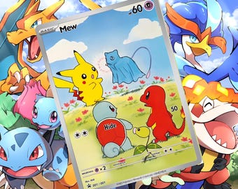 May include: A Pokémon trading card featuring Mew, Pikachu, Charmander, and Squirtle. The card has a blue sky background with red flowers. Other Pokémon characters are in the background. The card has the text "Mew" and "Hide".