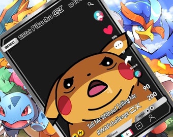 May include: A black and silver Pokemon trading card featuring a Pikachu with a yellow and brown face and a red cheek. The card has the text "TikTok Pikachu GX" and "Tell Me Without Telling Me #WAPchallenge GX" on it. The card has a black background and a silver border.