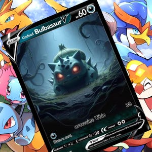 Könnte beinhalten: Eine Pokémon-Sammelkarte mit Bulbasaur V, die eine detaillierte Illustration von Bulbasaur in einem Wald zeigt. Die Karte trägt den Text "Undead Bulbasaur V" und "Gravevine Whip". Andere farbenfrohe Pokémon-Charaktere sind im Hintergrund.