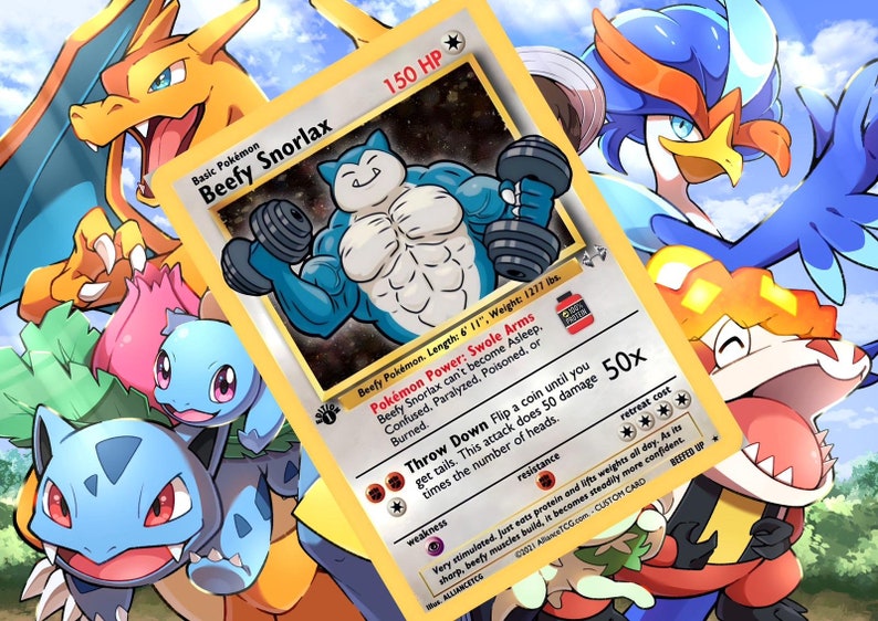 Puede incluir: Una carta de comercio de Pokemon con un Snorlax azul y amarillo con un f&iacute;sico musculoso levantando pesas. La carta se titula "Beefy Snorlax" y tiene un poder llamado "Swole Arms". La carta tiene un coste de retirada de tres estrellas y un poder de ataque de 50x.