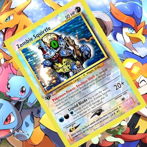 Könnte beinhalten: Eine Pokémon-Sammelkarte mit "Zombie Squirtle" im Zombie-Design. Die Karte hat einen goldenen Rand und enthält Text über ihre Fähigkeiten und Werte. Andere Pokémon-Charaktere sind im Hintergrund.