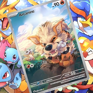 Op de afbeelding: Een Pokemon-verzamelkaart met Arcanine, een vuur-Pokémon, met bruine en oranje vacht, die een bot in zijn bek houdt. De kaart is zilverkleurig met een blauwe lucht als achtergrond en de tekst "Arcanine" en "Bijten" in zwart. De kaart heeft 90 HP en een zwakte voor water.