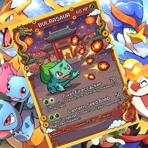 Könnte beinhalten: Eine lebendige Sammelkarte mit Bisasam zum Thema chinesisches Neujahr. Die Karte hat einen goldenen Rand und enthält den Text "BULBASAUR 60 HP". Andere Pokémon-Charaktere sind im Hintergrund.