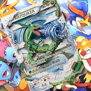Könnte beinhalten: Eine farbenfrohe Illustration mit einer Rayquaza-Pokémon-Karte mit dem Text "RAYQUAZA" und "180 HP". Die Karte hat ein grünes und weißes Design, mit anderen Pokémon-Charakteren im Hintergrund. Der Text der Karte enthält "Paper Gale" und "Origami Wrath."