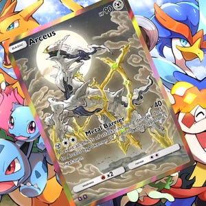 May include: A holographic trading card featuring Arceus, a white and gold creature, with a full moon backdrop. The card has text that reads "Metal Barrier" and "HP 90". Various colorful cartoon characters surround the card.