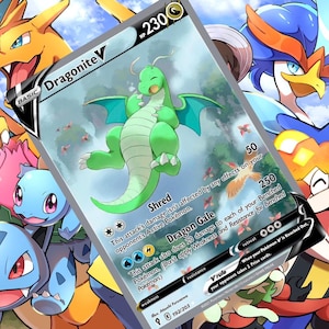May include: A green Dragonite V Pokemon card from the Sword & Shield set. The card features a green Dragonite with blue wings and a yellow background. The card number is 230/203. The card text reads "Shred" and "Dragon Gale".
