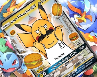 May include: A yellow Pikachu Pokemon card with a mustache and a white apron. The card is titled "Bob's Pikachu GX" and has a move called "Lightning Burger GX". The card has a background of a kitchen with a light fixture hanging from the ceiling.