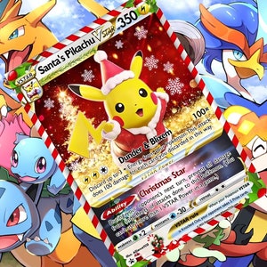 Cartão personalizado de pokémon estrela Pikachu Vmax V do Papai Noel holográfico