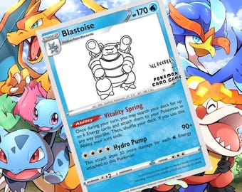 May include: A Pokémon trading card featuring a black and white illustration of Blastoise, with the text "Blastoise" and "Vitality Spring". The card is set against a colorful background of other Pokémon characters.