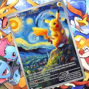 Könnte beinhalten: Eine Pokémon-Sammelkarte mit Pikachu im Stil von Van Goghs "Sternennacht". Die Karte zeigt ein gelbes Pikachu vor einem wirbelnden blauen Nachthimmel. Weitere Pokémon-Charaktere sind im Hintergrund zu sehen.