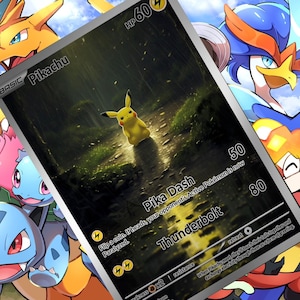 Könnte beinhalten: Eine Pokemon-Sammelkarte mit Pikachu, einem gelben elektrischen Maus-Pokemon. Die Karte hat einen dunkelgrünen Hintergrund mit einem Pfad, der durch einen Wald führt. Der Kartentext lautet "BASIC Pikachu HP 60", "Pika Dash: Werfe eine Münze. Bei Kopf ist das Aktive Pokemon deines Gegners jetzt Paralysiert." und "Thunderbolt 80".