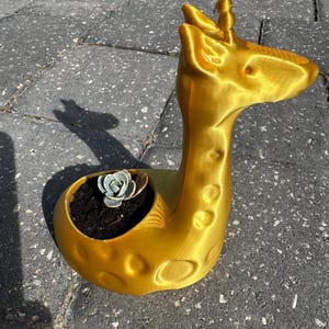 May include: A gold-coloured giraffe planter with a small succulent plant inside. The planter is made of a textured material and has a realistic giraffe design.
