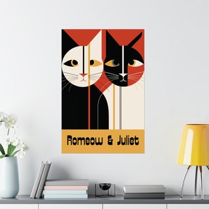 May include: A retro-style illustration of two cats, one black and white and the other white and black, with the text "Romeow & Juliet" below.