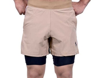 Elevate Beige Black and Red Black Compression Shorts, Mens Gym Sports Workout Fitness Short Pants Training Bodybuilding Running Shorts