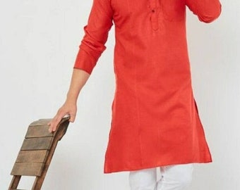 Men/Traditional / Kurta Pajama Set 100% Cotton Straight Kurta Pajama Set Cotton Fabric Handmade Tunic Kurta Solid Red Colour Kurta Plus Size