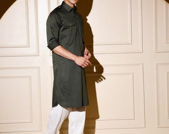 Indian Style Pathani Kurta/Men's Indian Ethnic Clothing 100% Pure Cotton Bottle Green Pathani Kurta Pyjama Set/Organic Cotton White Pyjama