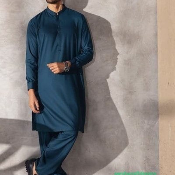 Indian Handmade Suits, Bollywood Style Kurta With Shalwar Set For Men's,Party Wear Pathani With Shalwar 100% Cotton Solid Royal Blue Colour