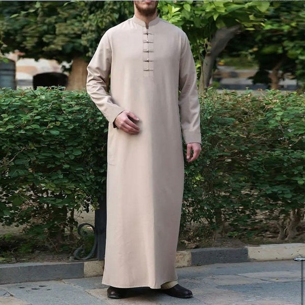 Ethnic Clothing Men Muslim Islamic Kaftan Saudi Arabia Solid Color O Neck Long Sleeve Fashion Jubba Thobe/Mosque/Hajj/Umrah/Madarsa Jubba