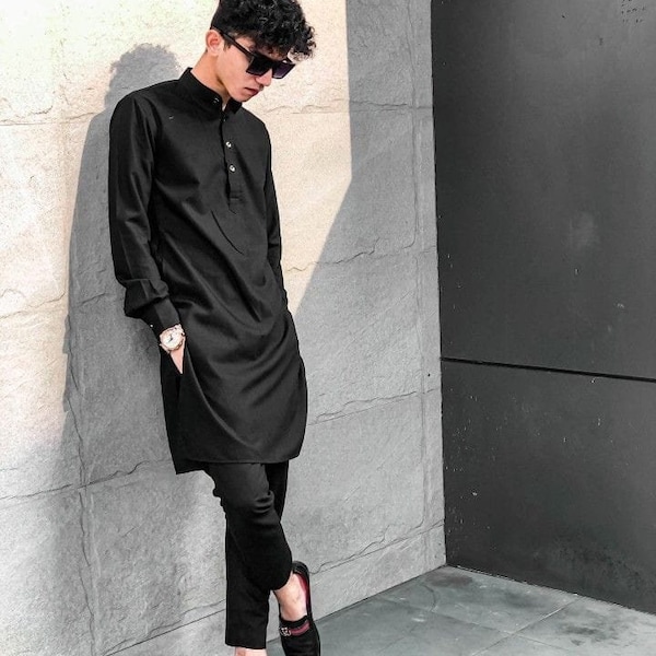 Costumes noirs pour hommes, pyjama Kurta tout en noir pour hommes, 10 à 18 ans et tous les âges Kurtas disponible, fait main/coton/fantaisie/Salwar Kamiz